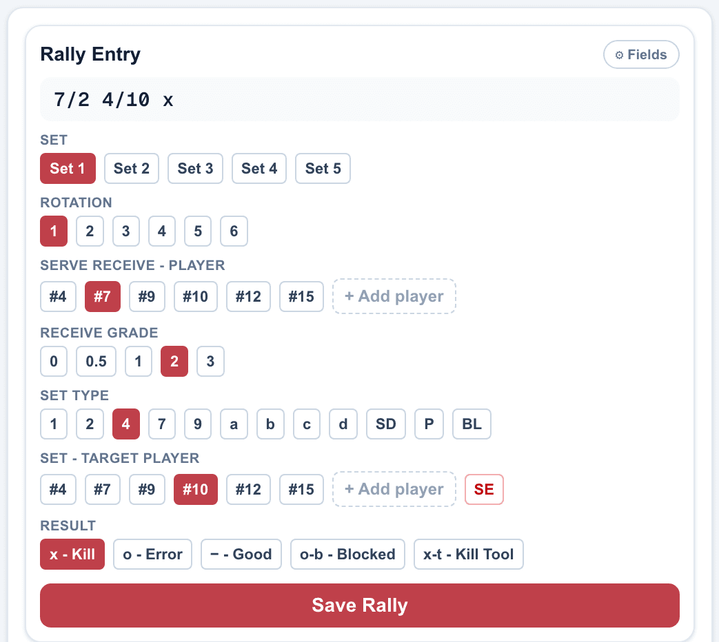 One rally being charted in Volley Scout - passer, grade, set type, hitter and result each selected with a single tap, jersey numbers only